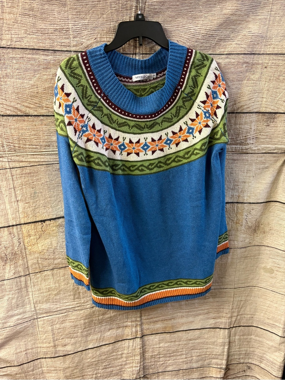😍 MISSLOOK Blue Fair Isle Crewneck Sweater with Multicolor Yoke